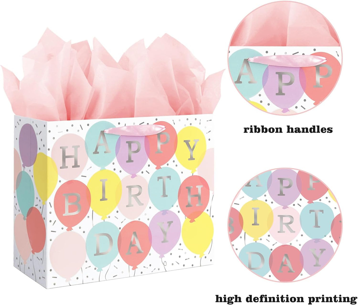 13" Large Happy Birthday Gift Bag with Tissue Paper and Card for Girls Kids Women Birthday (Colourful Balloon)