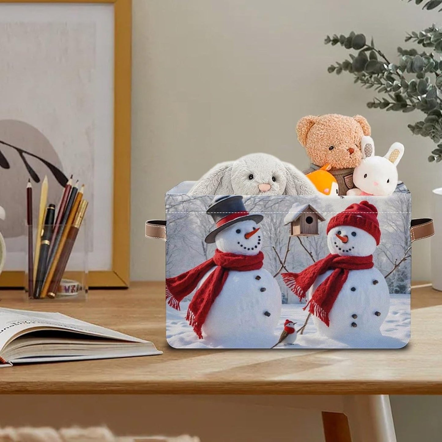 Christmas Snowmen Storage Baskets, Snowflake Red Gift Toy Storage Bins,Collapsible Rectangular Canvas Fabric Storage Bin with Leather Handles for Home,Offices,Bedroom