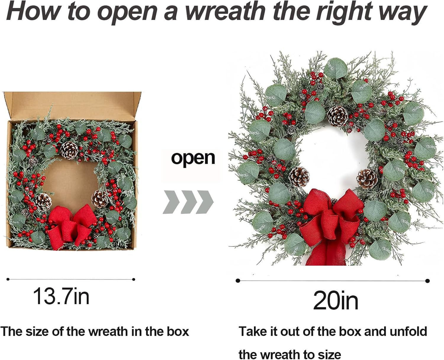 20 Inch Artificial Christmas Wreath Christmas Wreaths for Front Door with Pine Needles Pine Cones Red Berries Eucalyptus Leaves Red Bow for Home Office Wall Window Fireplace Winter Holidays