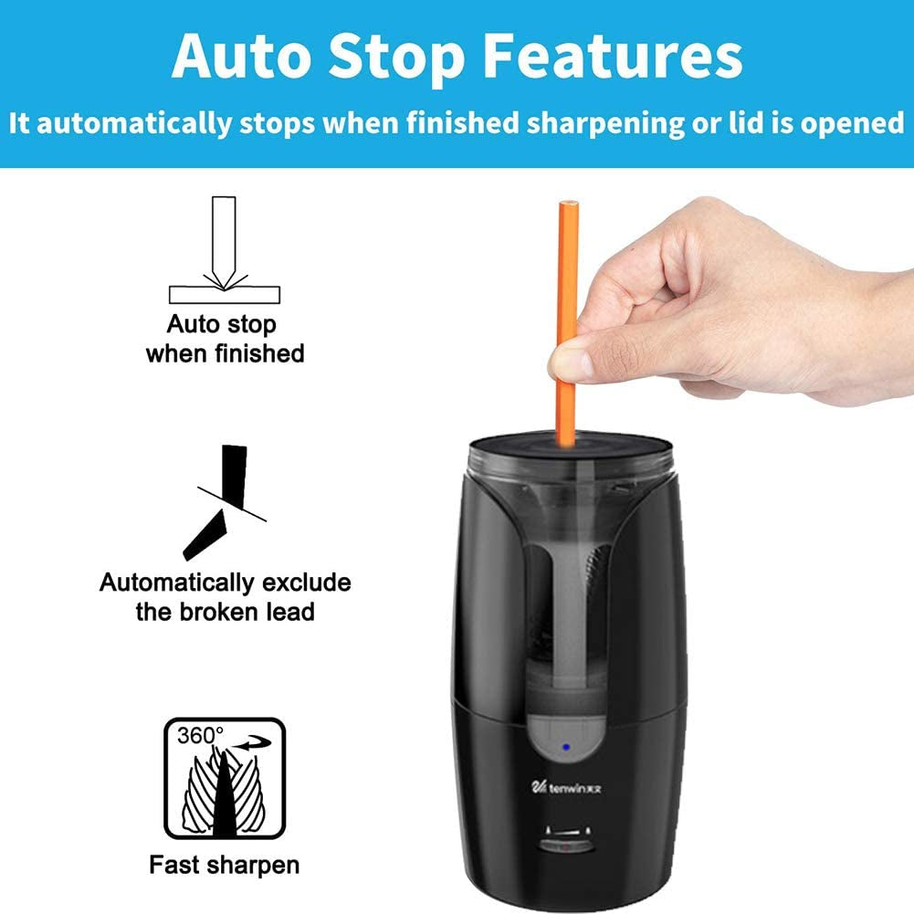 Chargeable Electric Pencil Sharpener, Heavy Duty Adjustable Art Sharpeners, Powered Auto-Stop Pencil Sharpener for Teacher Use, School, Home, Classroom Product Supplies 8028 (Black)