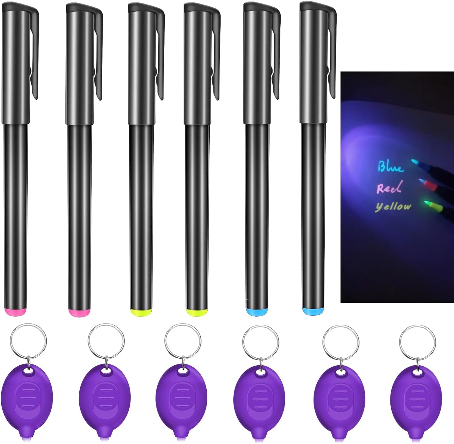 Invisible Ink Pen, Spy Pen with 6 PCS Mini UV LED Keychain Flashlight, Disappearing Ink Magic Pen with Black Light Markers for Secret Notes, Fit for Christmas Halloween Holiday Gifts (6 PCS)