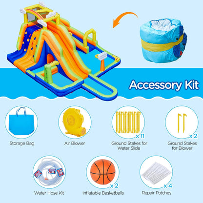 Inflatable Water Slide, 10-In-1 Rainbow & Clouds Style Water Slide Combo W/ 2 Pools & Large Climbing Wall & Tunnel, Double Lane Water Slide for Kids Aged 3-10 W/Storage Bag & 650W Blower