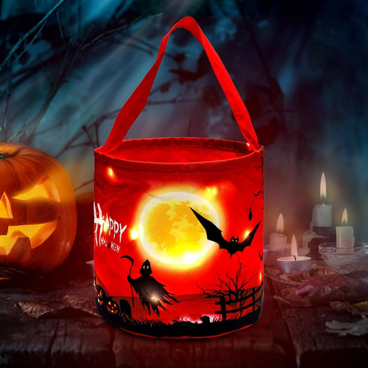 Halloween Trick or Treat Candy Bags LED Light up Pumpkin Bucket, Collapsible Reusable Candy Basket, Fabric Tote Gift Goody Bags for Kids Halloween Party (Red-Led)