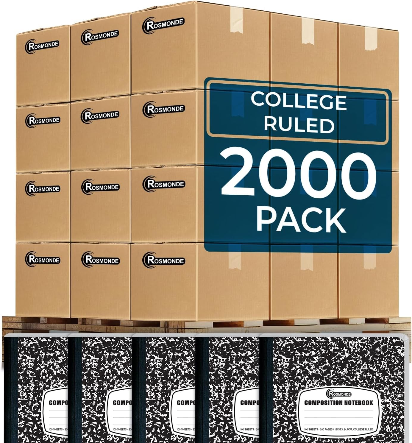 College Ruled Composition Notebooks 5 Pack, 200 Pages (100 Sheets), 9-3/4" X 7-1/2", White & Black Marble Composition Book, Hard Cover, Sturdy Sewn Binding, School, College & Office Supplies
