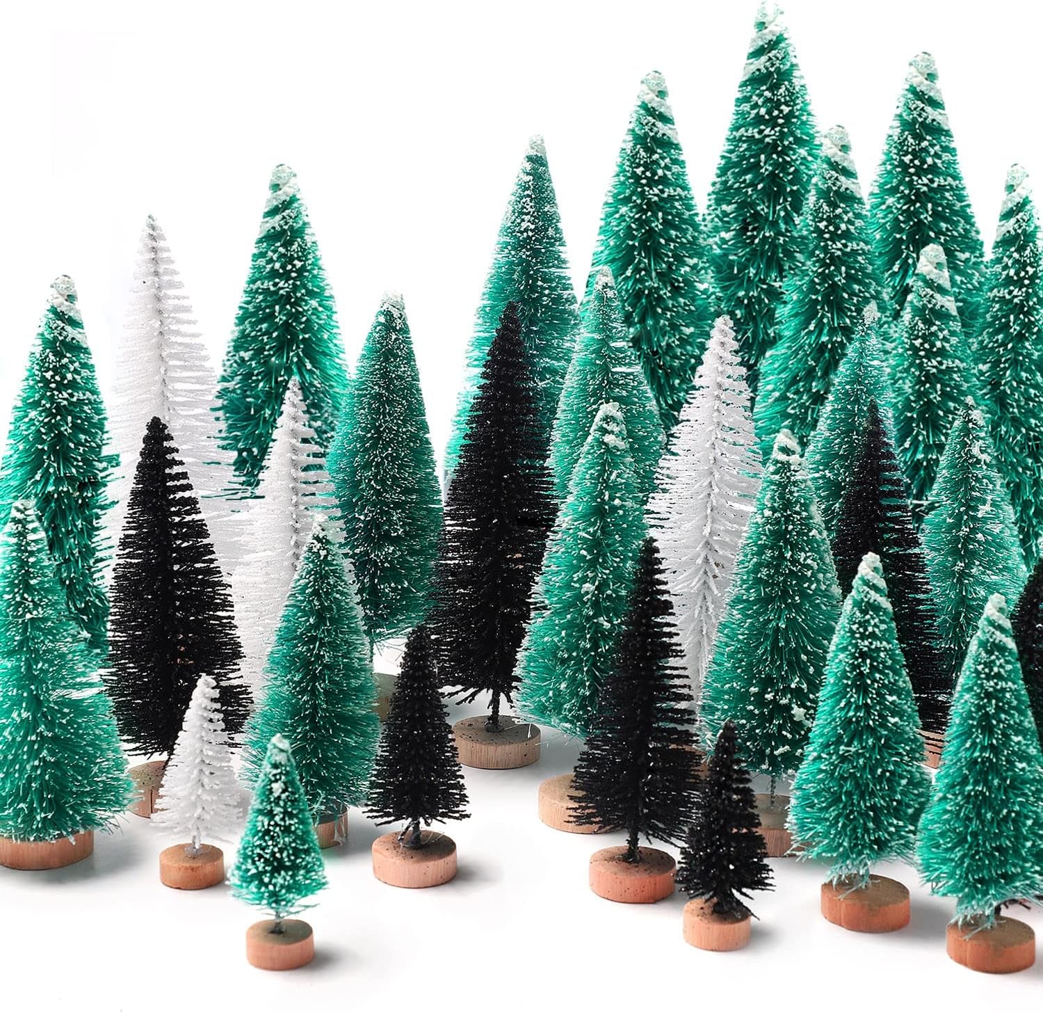 30Pcs Mini Christmas Trees, Artificial Christmas Tree Bottle Brush Trees Christmas with 5 Sizes, Sisal Snow Trees with Wooden Base for Christmas Decor