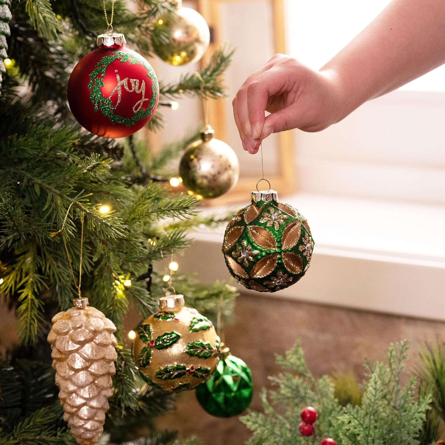 Glass Christmas Ornaments Set, 10Ct Red Green and Gold Mercury Blown Glass Christmas Tree Ball Decorations, Traditional Country Xmas Hanging Teardrop Finial Bulk for Holiday Decor