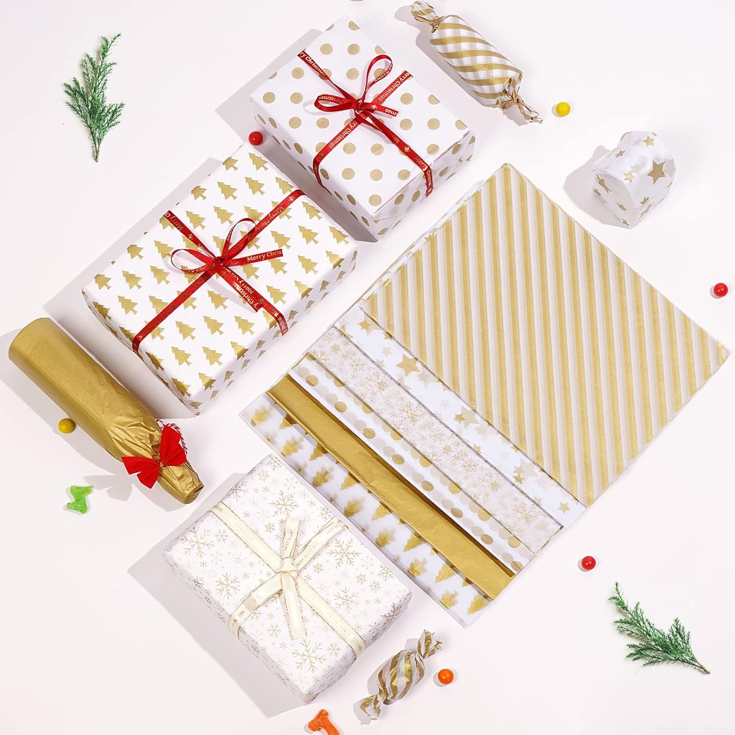 102 Sheets Silver Tissue Paper Gift Wrap Bulk, 19.5" X 13.6" Christmas Tissue Paper for Wrapping, 6 Assorted Designs Golden Stars Snow Dots for Christmas Gift Bags, DIY and Craft