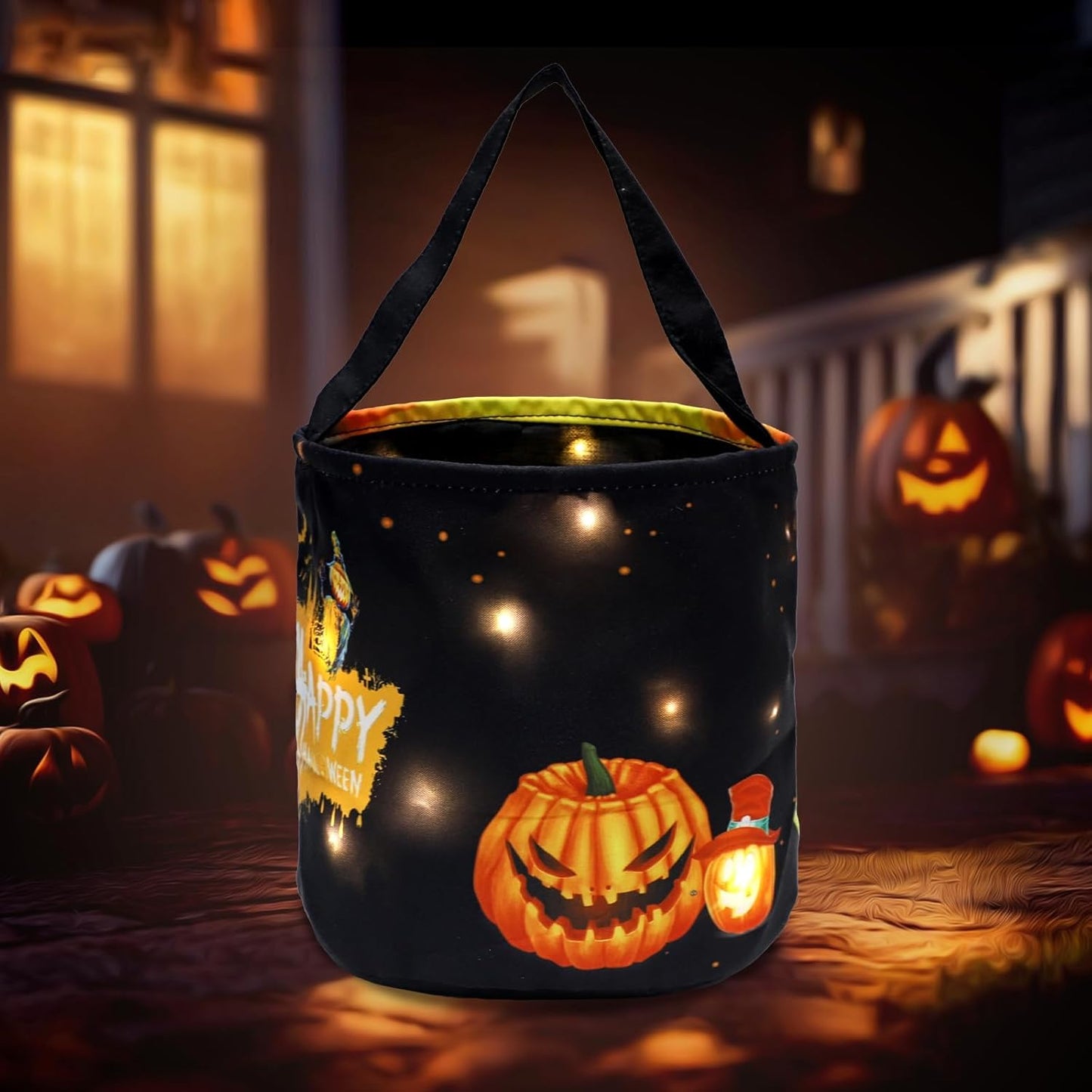 Halloween Trick or Treat Candy Bags LED Light up Pumpkin Bucket, Collapsible Reusable Candy Basket, Fabric Tote Gift Goody Bags for Kids Halloween Party (Black-Led)