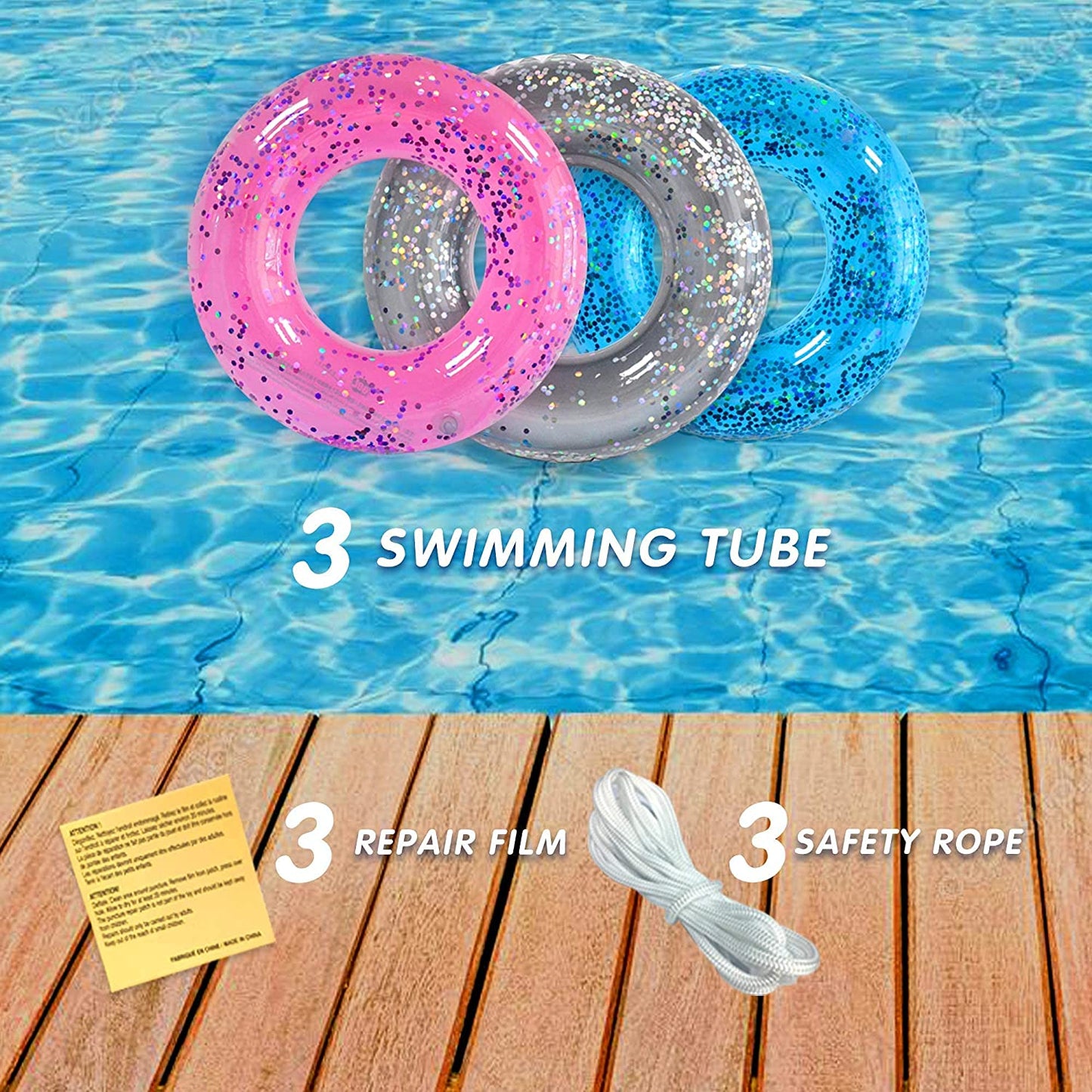 Pool Floats Kids 3 Pack, Inflatable Swim Rings for Kids Pool Tubes Toys, Pool Floats Ring Toys, Summer Beach Swimming Pool Floats Party Supplies + Patch&Tow Rope