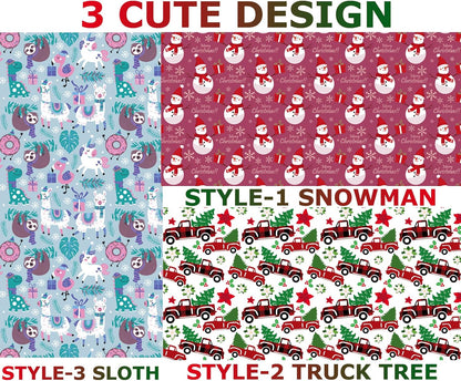 Christmas Gift Wrapping Paper Large Sheet for Kids Boys Girls Baby Women Men Xmas Wrapping Paper 3Style Christmas Sloth Llama Santa Snowman Tree Truck Car Gift Wrap Paper (27*39.4Inch