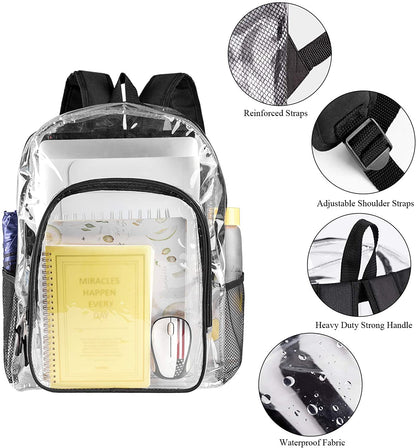 Clear Backpack Heavy Duty Clear Bookbag Transparent Backpack See through Plastic Backpacks for School, Work,Concert,College (Black)