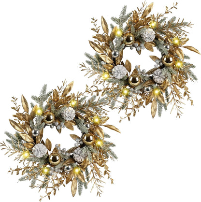 Christmas Wreath 20 Inch Door Decorations Wreath with Warm Lights Set of 2,Christmas Balls, Pine Cones, Golden Twigs, Pine Needles and Silver Berries,Perfect for Front Door, Indoor Outdoor Use