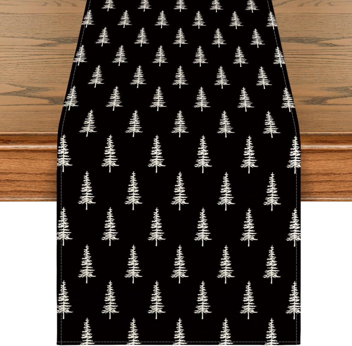 Black Xmas Tree Christmas Table Runner, Seasonal Winter Kitchen Dining Table Decoration for Home Party Decor 13X72 Inch