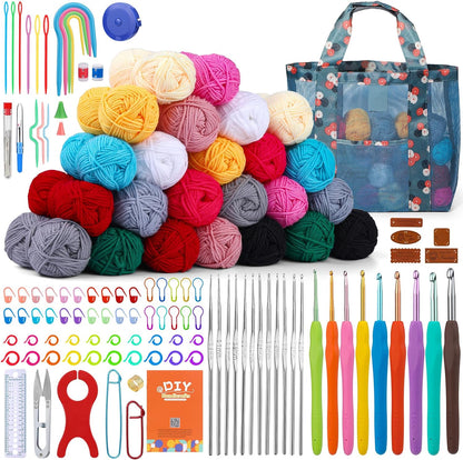 Crochet Kit for Beginners Adults, 107Pcs Beginner Knitting Kit with Crochet Yarn, Crochet Hooks, Crochet Tools, Crochet Starter Kit for Adults Beginner Craft DIY