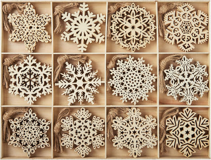 60Pcs Christmas Wooden Snowflake Hanging Ornaments Snowflakes Christmas Ornaments for Holidays, Christmas Tree Decoration, Christmas Party Holiday Decor