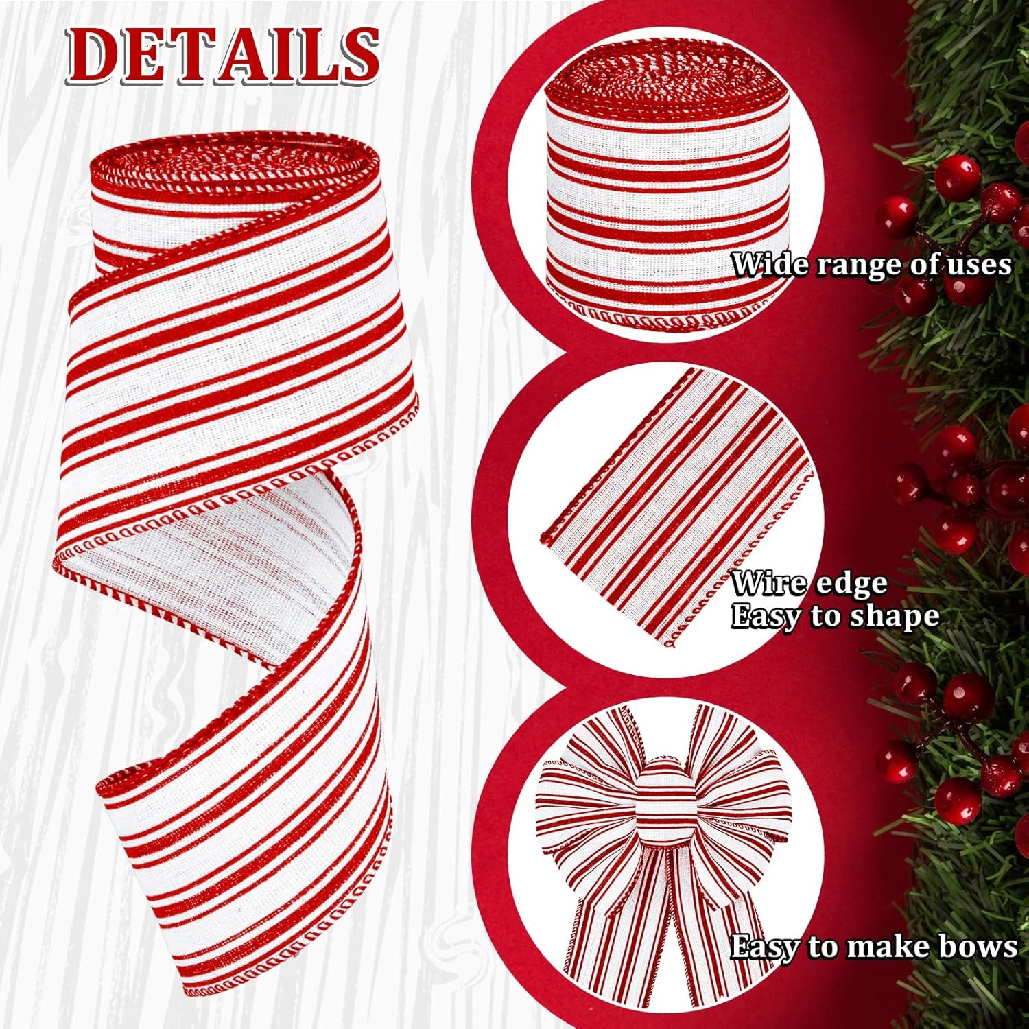 2 Rolls Christmas Wired Edge Ribbon Christmas White Red Striped Fabric Ribbon Farmhouse Craft Ribbon for DIY Gift Wrapping Wreath Floral Arrangement Bow Decoration,2.5 Inch X 12 Yard