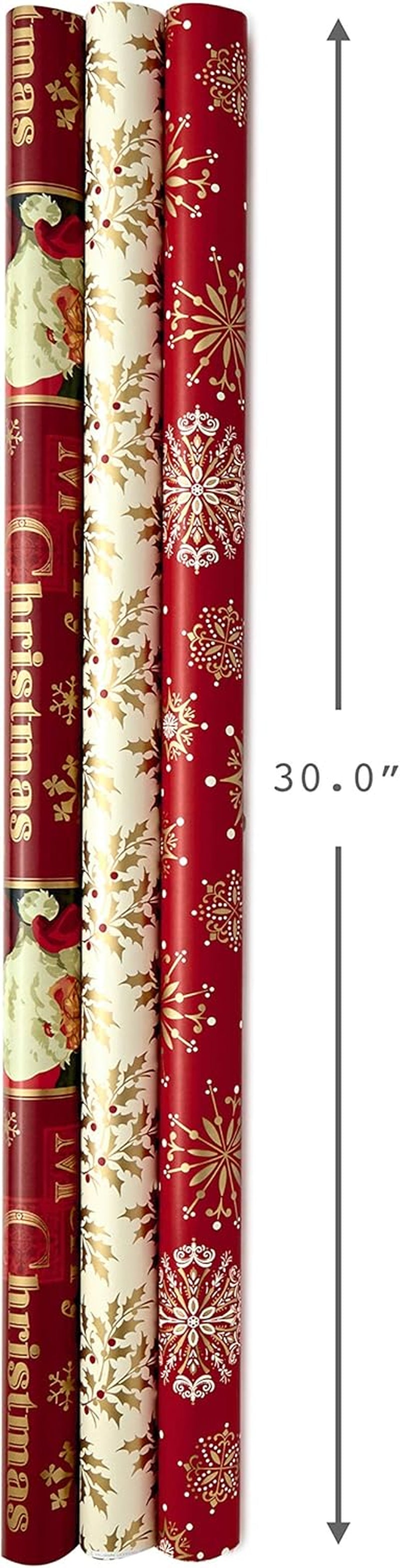 Reversible Christmas Wrapping Paper Set with Ribbon and Gift Tag Stickers (Traditional Red and Gold, 3 Rolls of Wrapping Paper and Ribbon)