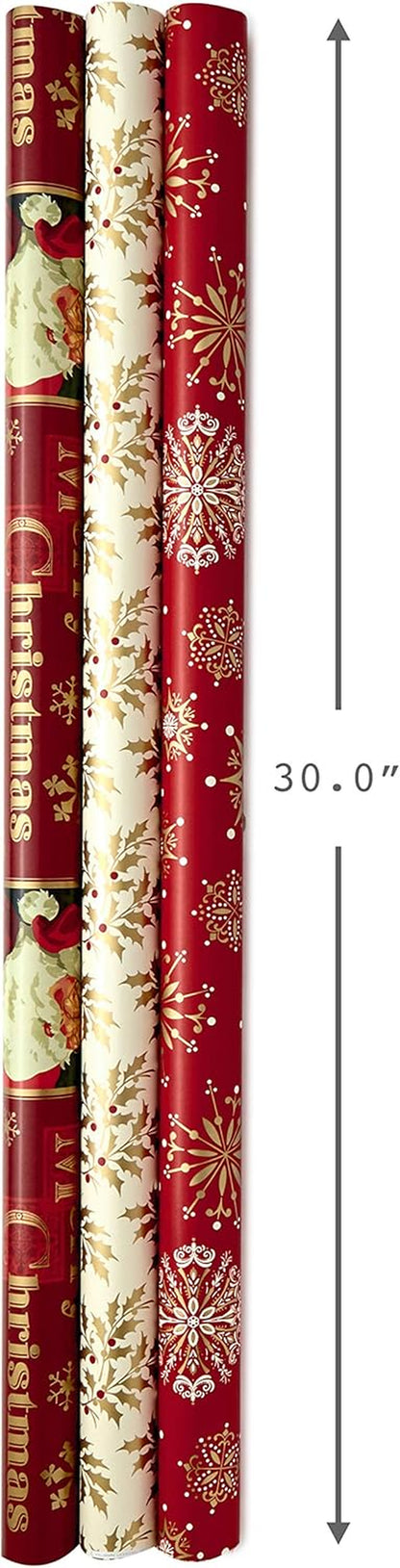 Reversible Christmas Wrapping Paper Set with Ribbon and Gift Tag Stickers (Traditional Red and Gold, 3 Rolls of Wrapping Paper and Ribbon)