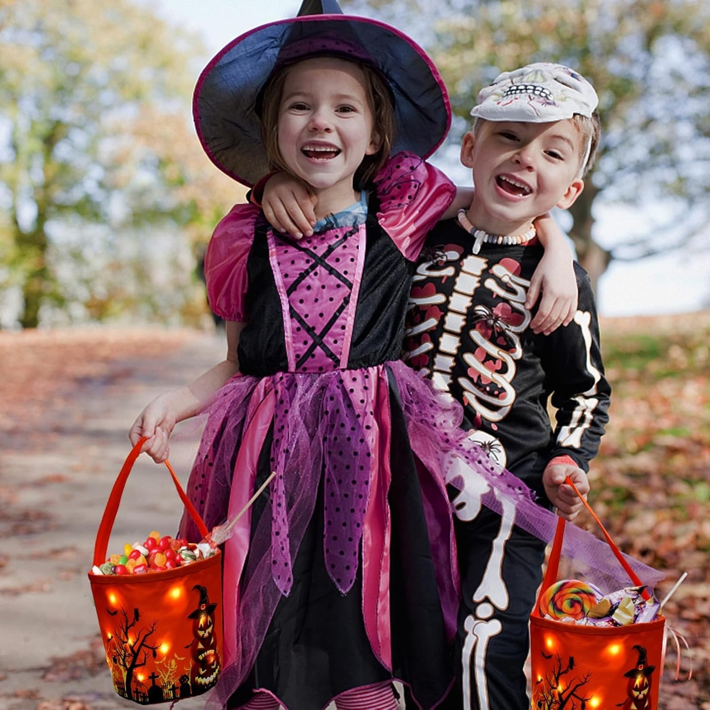 Halloween Trick or Treat Candy Bags LED Light up Pumpkin Bucket, Collapsible Reusable Candy Basket, Fabric Tote Gift Goody Bags for Kids Halloween Party (Black+Purple-Led)