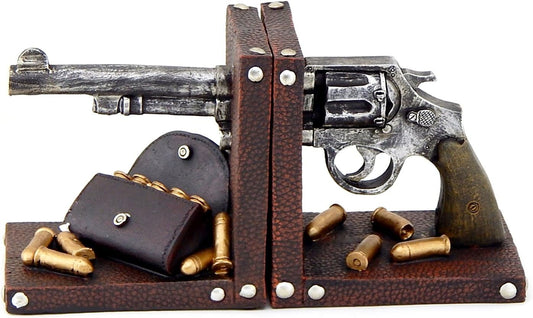 Vintage Pistol Bookends Gun Six-Shooter Revolver Bullets Man Cave Book Ends Shelf Firearm Deco Weapons Fire Arms Rustic Western Cowboy Mancave 6 Inch