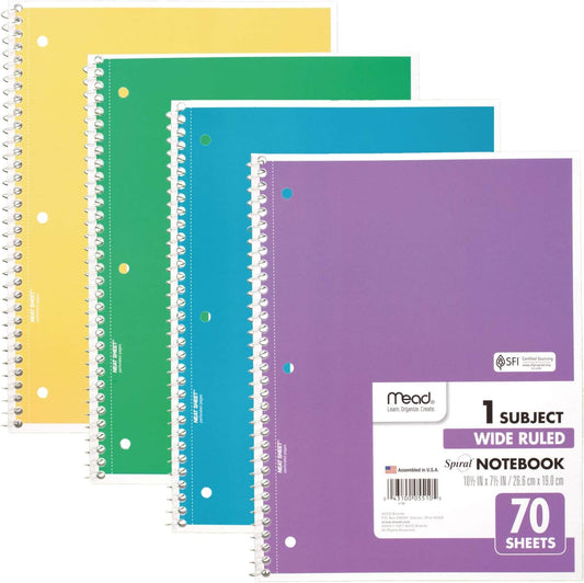 Spiral Notebook, 4 Pack, 1-Subject, Wide Ruled Paper, 7-1/2" X 10-1/2", 70 Sheets per Notebook, Colors Will Vary (72873)