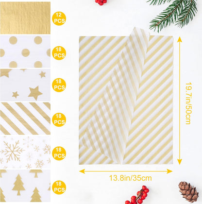 102 Sheets Tissue Paper Gift Wrap Bulk, 19.5" X 13.6" Christmas Tissue Paper for Wrapping, 6 Assorted Designs Golden Stars Snow Dots for Christmas Gift Bags, DIY and Craft (Blackgold)