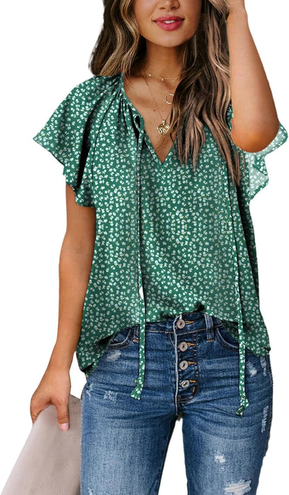 Women'S Casual Boho Floral Printed V Neck Tops Drawstring Short Long Sleeve T Shirt Blouses