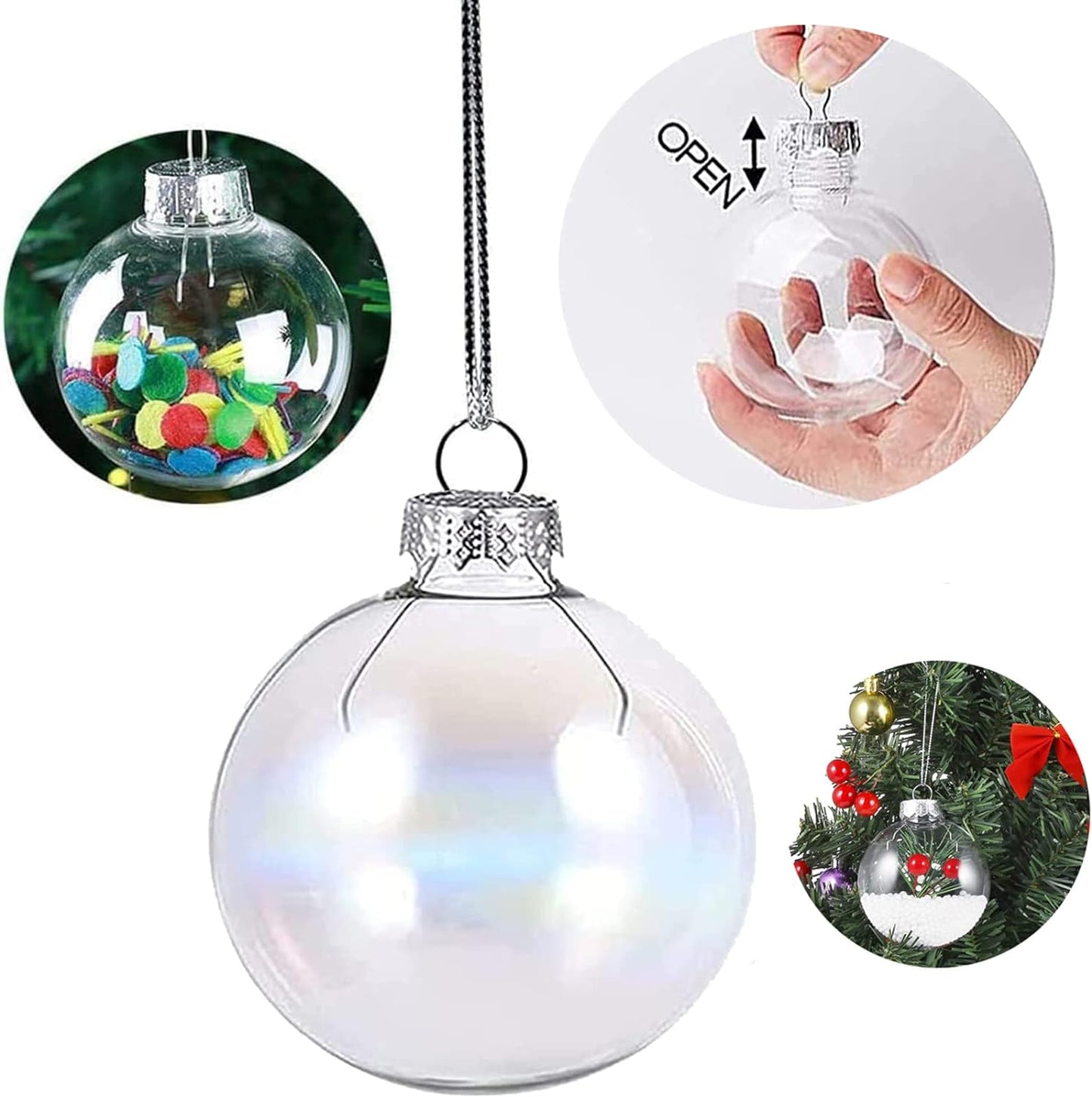 15 Pcs DIY Clear Fillable Christmas Ornaments, 2.36Inch Transparent Shatterproof Plastic Christmas Decorative Balls for Christmas, Halloween, Birthday, Wedding Decor, DIY Crafts Decorations (60 Mm)