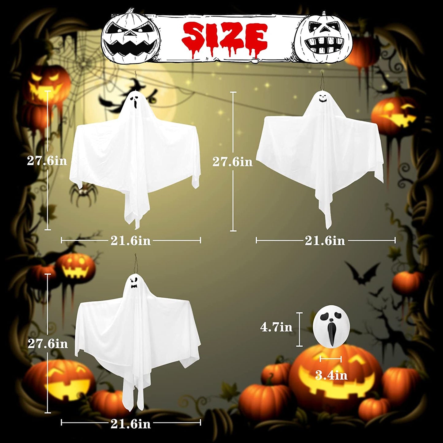 6 Pack Halloween Hanging Ghosts, 27.6 Inch Flying Ghost for Halloween Outdoor Decorations Front Yard Porch Patio Lawn Garden Trees Party Décor and Holiday Decorations