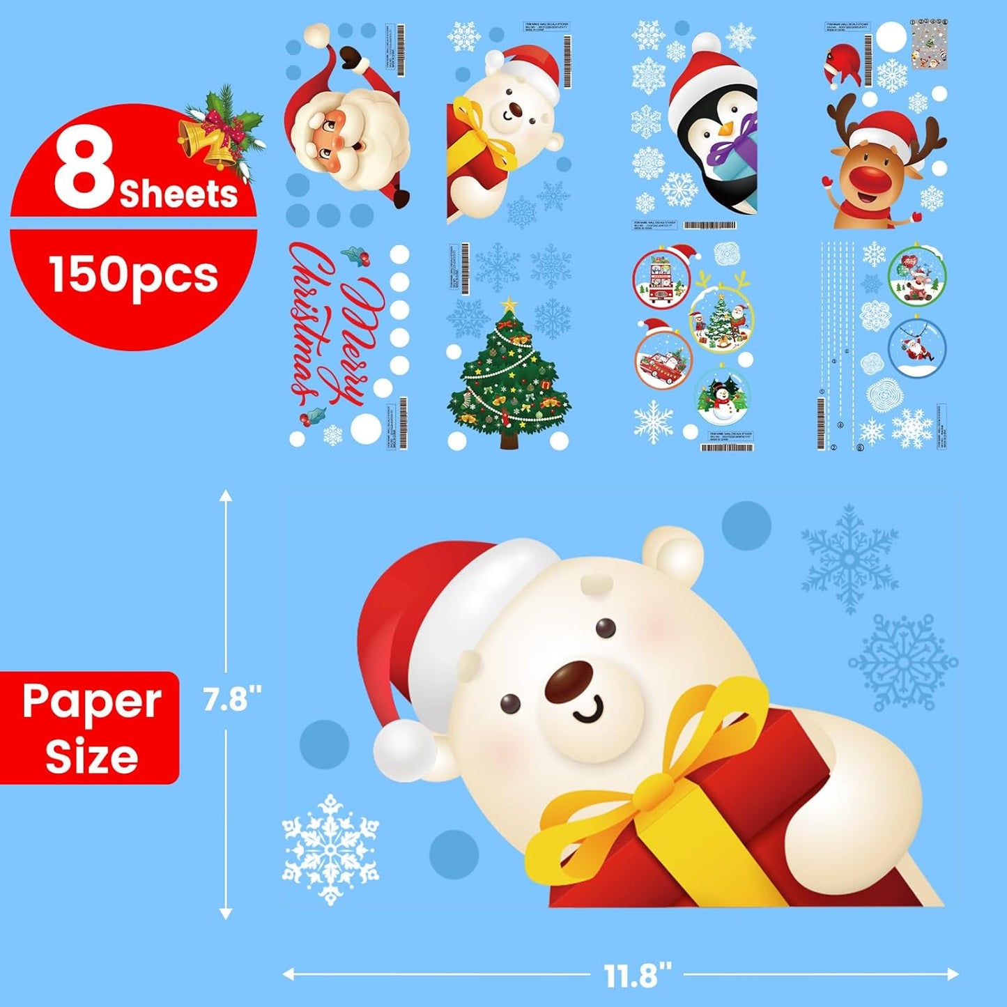 White Christmas Snowflakes Window Clings Reusable 8 Sheets Large Medium Small Snowflakes Christmas Window Stickers Cute Window Decor, Various Different Snowflakes for Xmas Party