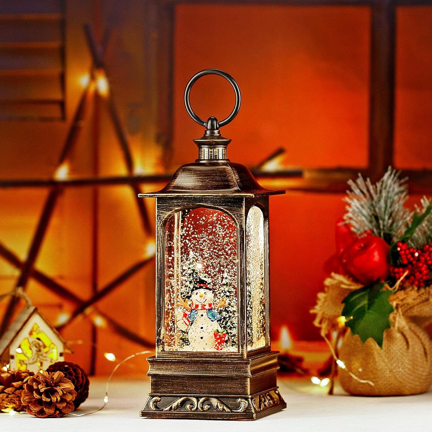 Christmas Snow Globes with Music, Snowman Snow Globe Lantern 6H Timer Lighted Christmas Lantern for Christmas Decorations