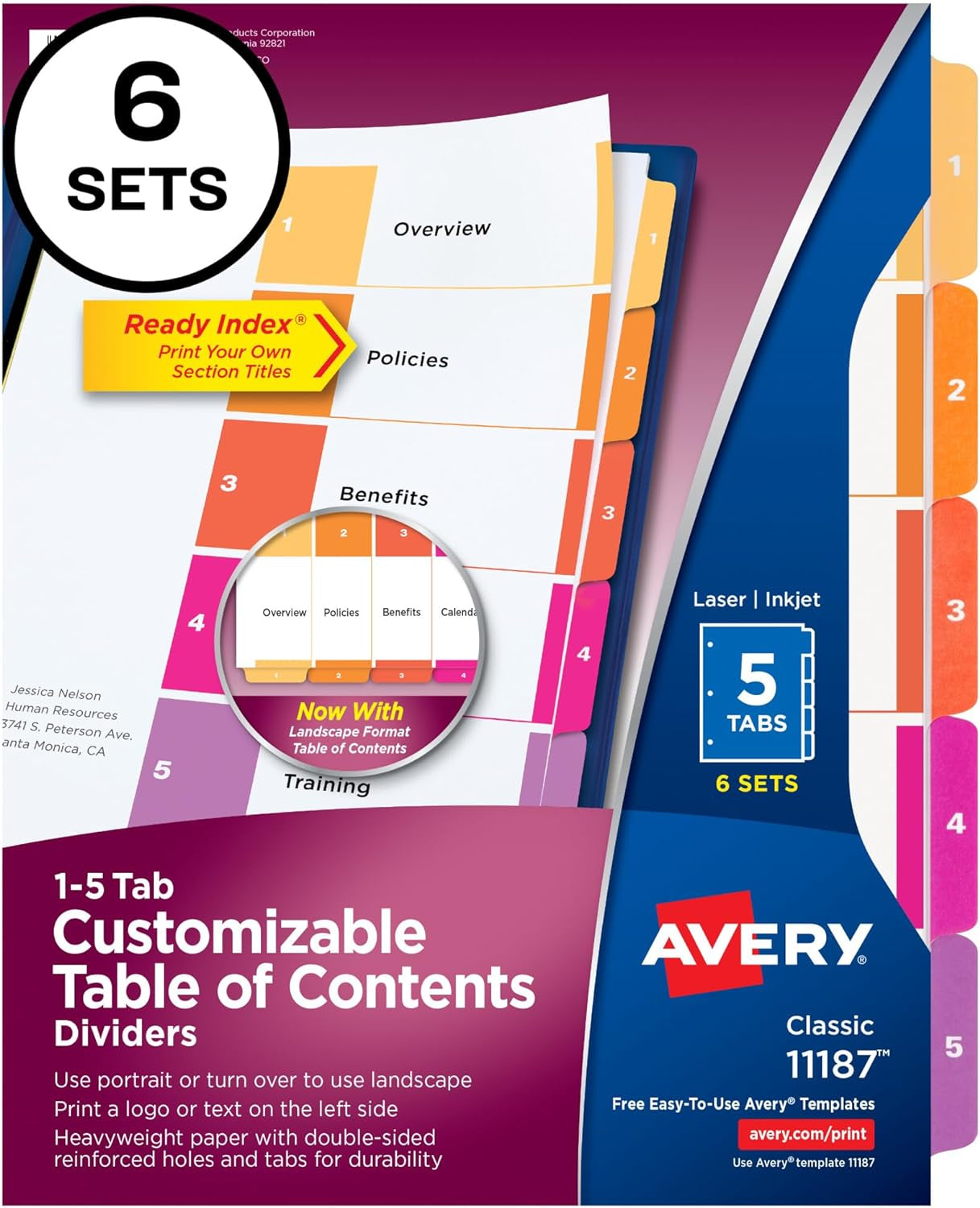 12 Tab Dividers for 3 Ring Binders, Customizable Table of Contents, Multicolor Tabs, 6 Sets (11196)