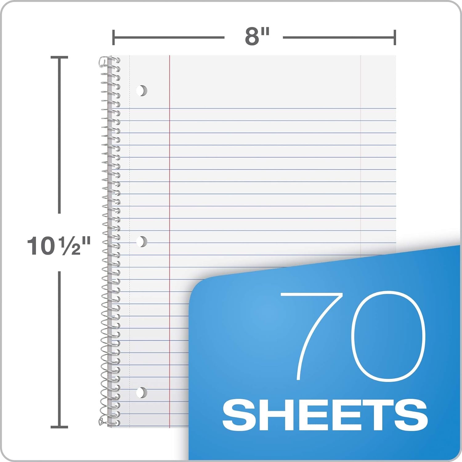 1-Subject Notebooks, 8" X 10-1/2", Wide Rule, 70 Sheets, 3 Pack, Color Assortment May Vary (65029)