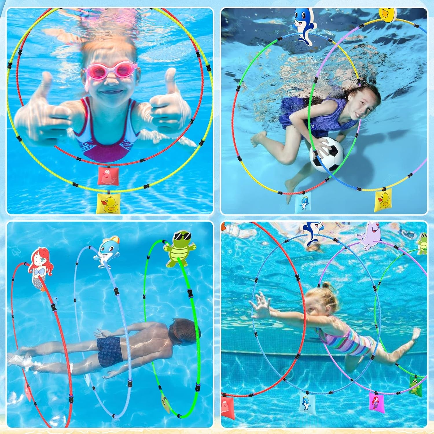 Diving Toys 15 PCS Pool Toys for Kids Age 4-8 8-12 Water Swim Thru Rings with Buoys and Sandbags Underwater Training Program Swimming Pool Games Water Sports Gifts