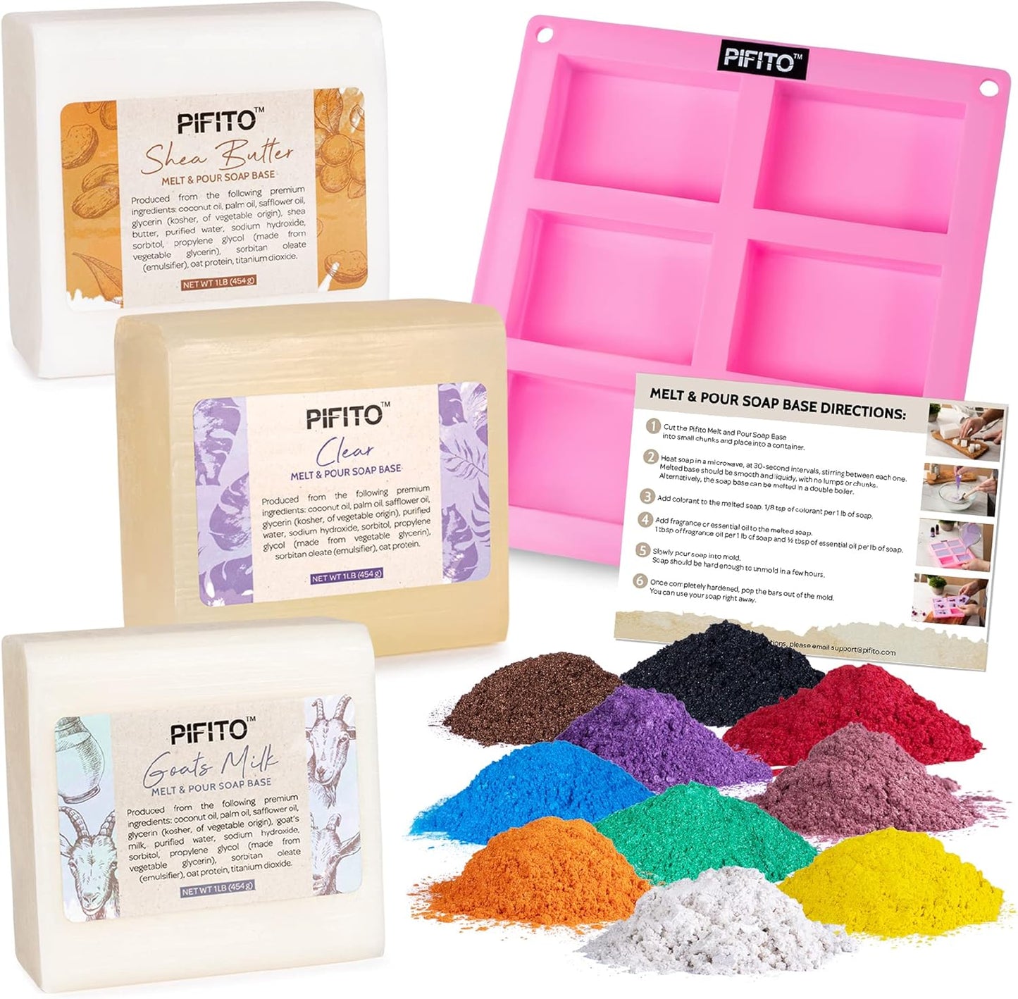 Soap Making Kit │ DIY Soap Making Supplies - 3 Lbs Melt and Pour Soap Base (Goats Milk, Shea Butter, Clear), 10-Pack Mica "Original" Colorants Sampler, Mold and Instructions