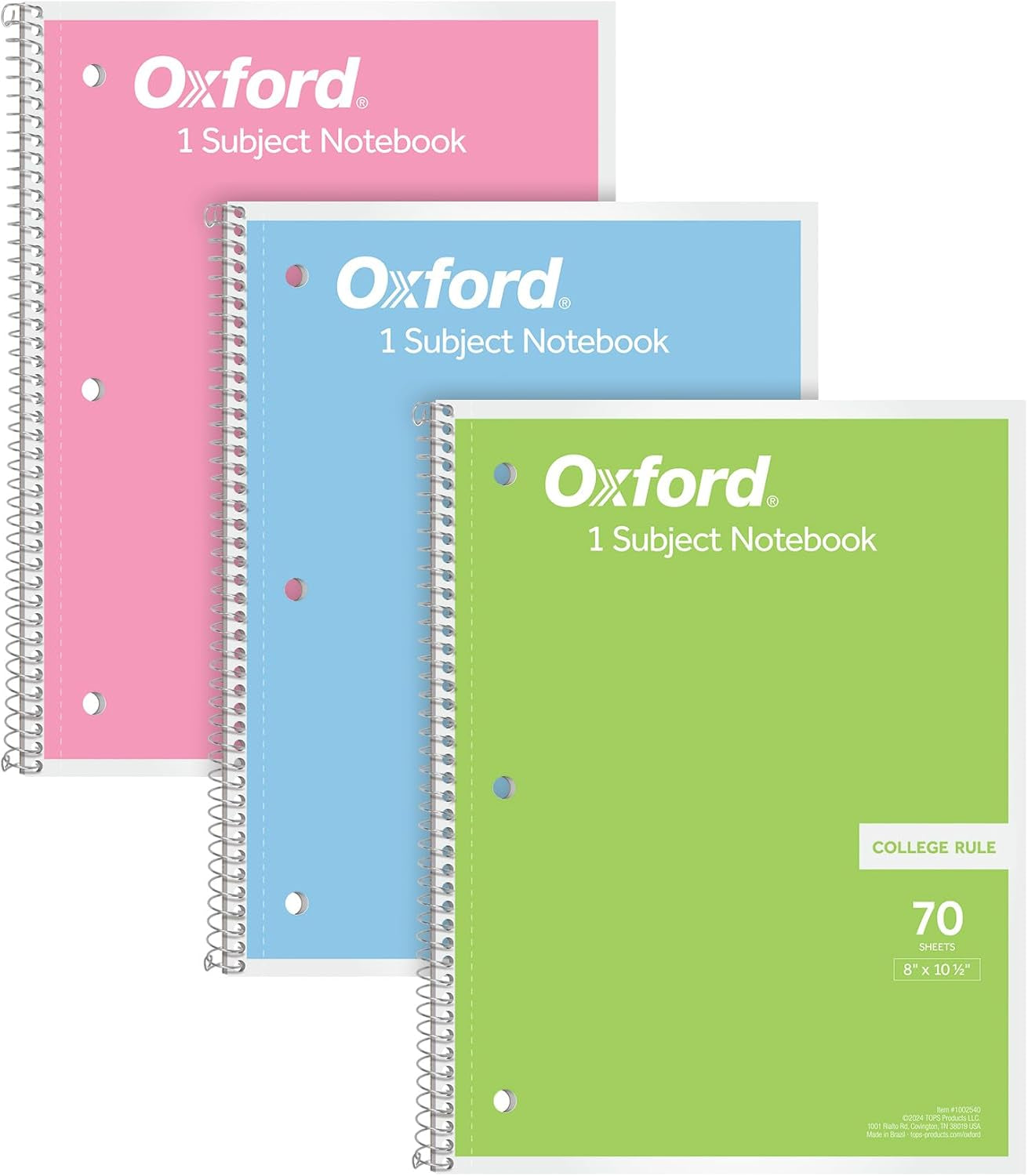 Spiral Notebooks, 1-Subject for School, College Ruled Paper, 70 Sheets, 8 X 10.5 Inches, Assorted Pastel Colors, 3 Pack (1002540)