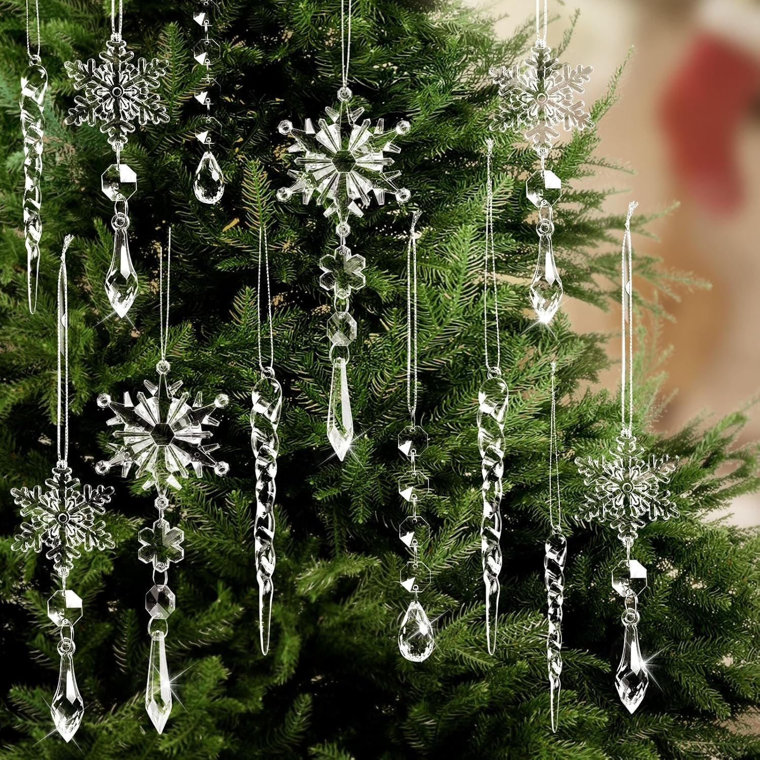 20Pcs Christmas Ornaments Set for Tree Decorations- Hanging Acrylic Crystal Snowflake Christmas Decorations Icicle Drop Decorations for Winter Christmas Tree New Year Party Supplies