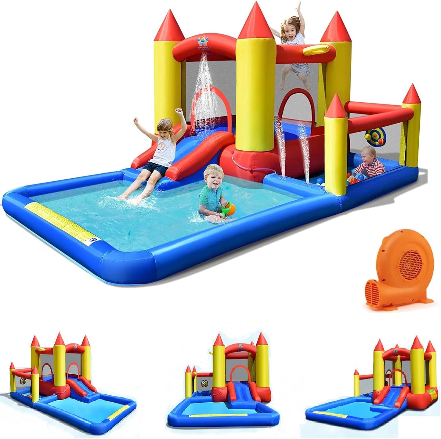 Inflatable Water Slide, Bounce House Water Slide with Ball Pit for Kids Backyard Fun W/735W Blower, Blow up Jump Bouncy Castle Water Slides Inflatables for Kids Boys Girls Outdoor Party Gifts