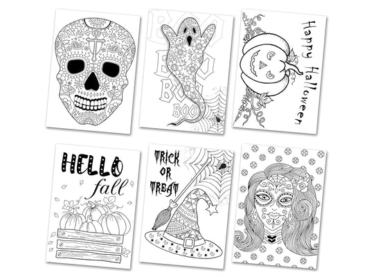 Halloween Coloring Postcards for Adults & Kids, Set of 6 Colorable Cards to Wish Family, Friends & Teachers, Size 5 X 7 Inches