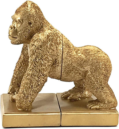 Golden Decorative Bookends Gorilla King Kong Animal Figurines Monster Sculptures Vintage Book Ends Holder Shelves Stoppers Support Non Skid Heavy Duty Kids Gift Room Office Library 8 Inch