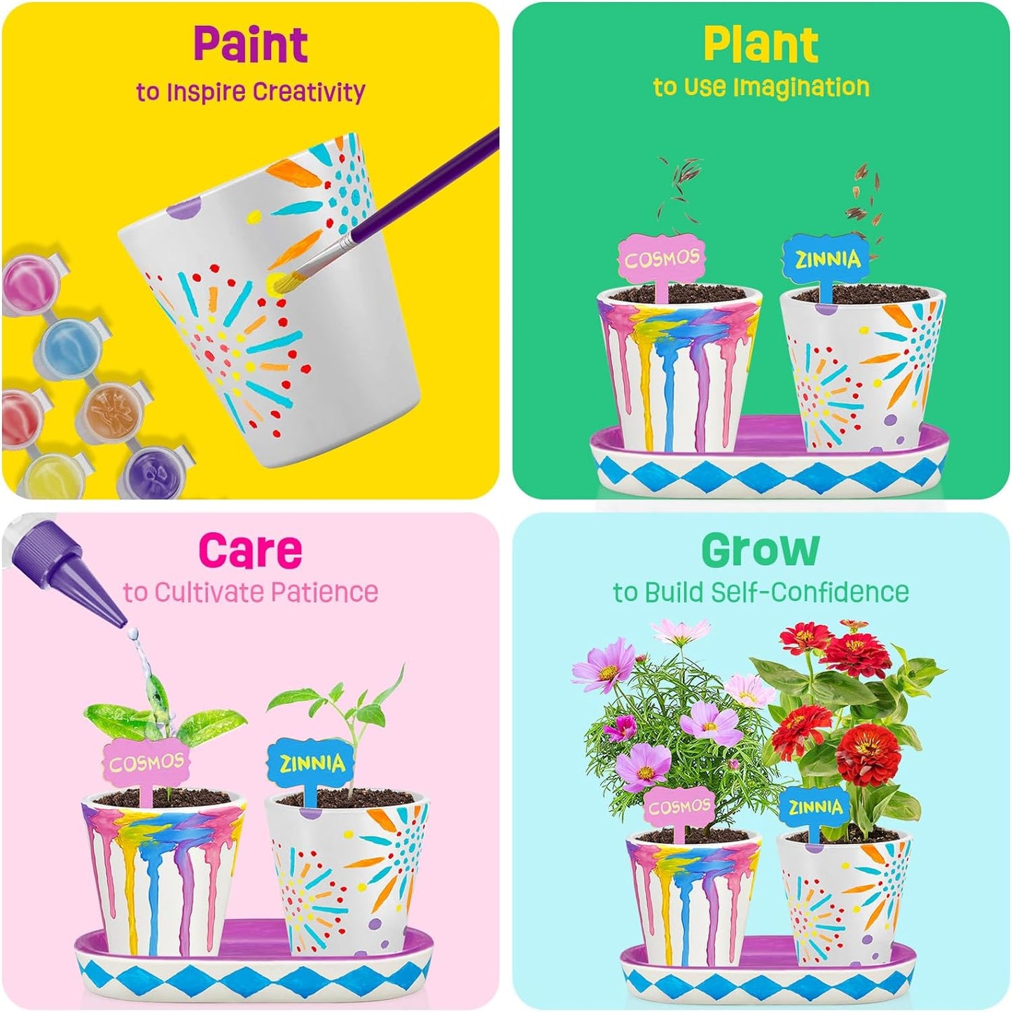 4 Set Paint & Plant Flower Gardening Kit - Gifts for Girls Ages 8-12, Arts and Crafts for Kids Ages 8-12, Kids Gardening Set, Craft Toys Birthday Gifts for Girls Boys Ages 4 5 6 7 8 9 10 11 12