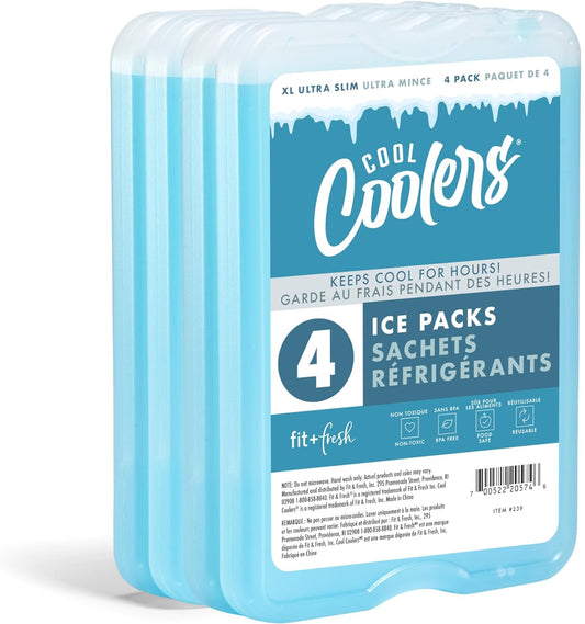 Cool Coolers by  4 Pack XL Slim Ice Packs, Quick Freeze Space Saving Reusable Ice Packs for Lunch Boxes or Coolers, Blue, 239ICE