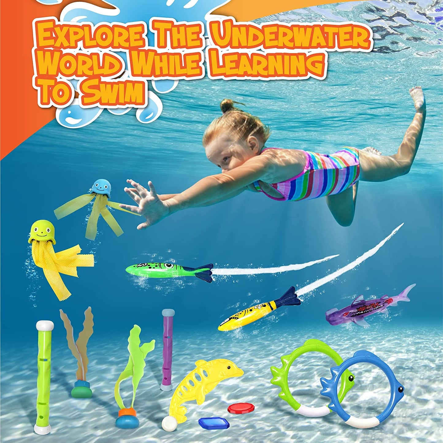 30 Pcs Diving Toys, Swimming Pool Toys for Kids Ages 4-8 8-12 with a Storage Net Bag. Pool Dive Toys for Kids. Pool Games, Swim Summer Water Toys. Include Diving Sticks & Pool Rings