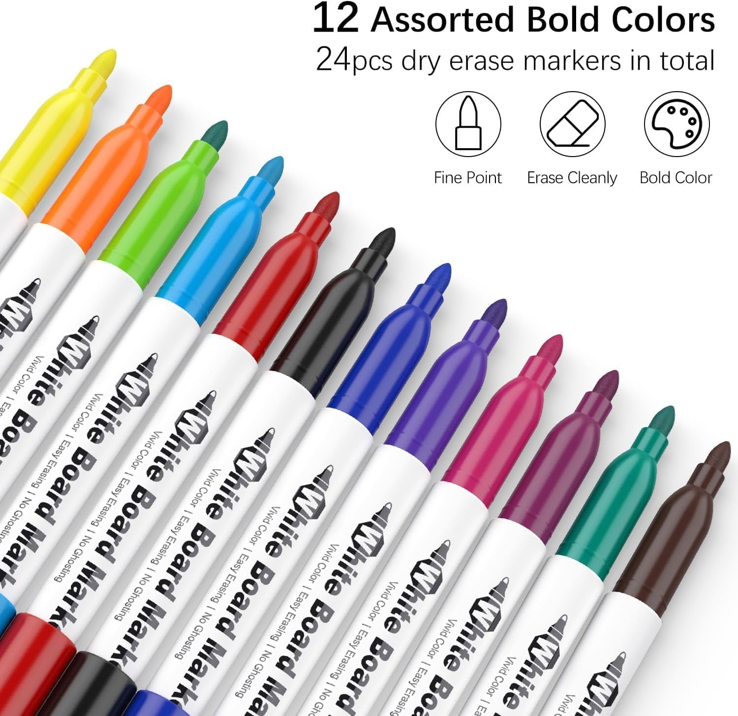 Dry Erase Markers Fine Tip - Whiteboard Markers 24 Pack 12 Assorted Color, Fine Tip Dry Erase Markers for Kids Adults, Color Markers for Classroom