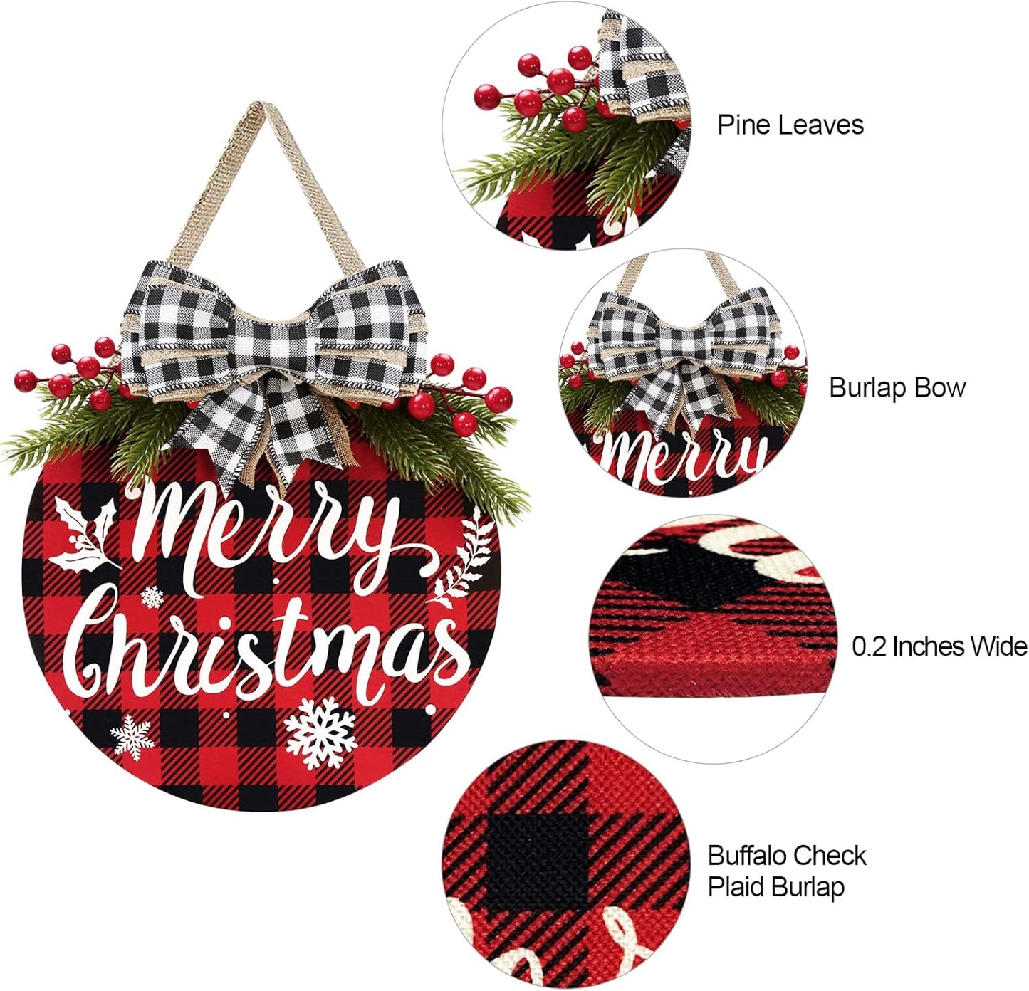 Christmas Decorations - Buffalo Plaid Xmas Wreath - Winter Wreaths Merry Christmas Sign for Holiday Rustic Farmhouse Front Door Porch Wall Window outside Decorations