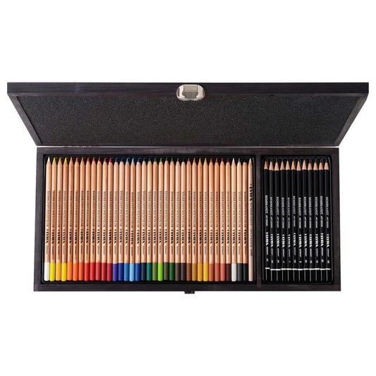 Rembrandt Polycolor & Art Specials Wooden Box Drawing Set, Colored Pencils & Sketching Pencils, Assorted Colors, 49 Pieces