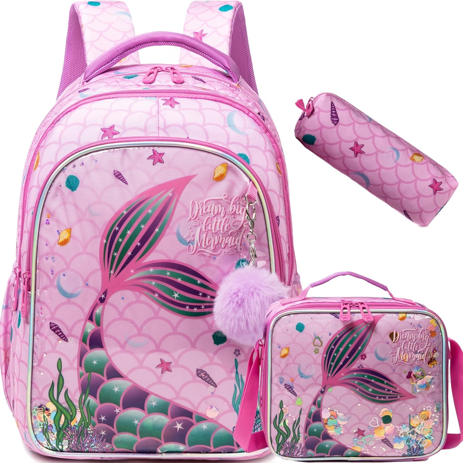 Cute Mermaid School Backpacks for Girls Backpack with Lunch Box for Elementary Student Kids Travel Bookbag for Girls Ages 6-8 Years Old