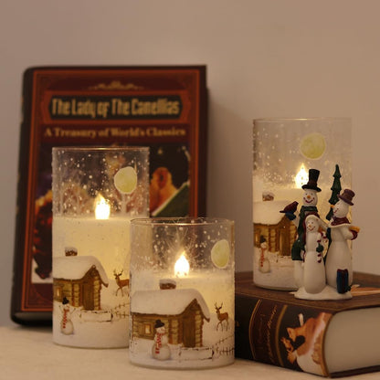 Snowman Glass Flameless Candles Battery Operated with Remote and Timer Real Wax LED Flickering Pillar Candles White Cold Light Window Christmas Holiday Decor D3 X 4",5",6"