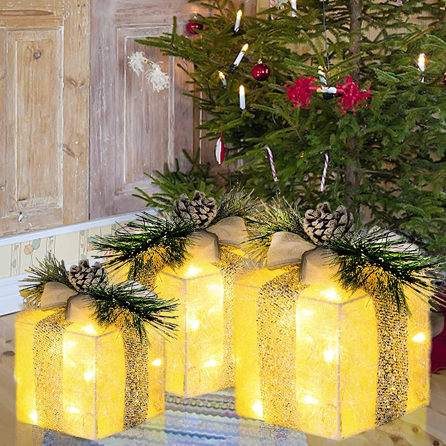 Set of 3 Christmas Lighted Gift Boxes, Pre-Lit 60 LED Light up Present Boxes Ornament Outdoor Warm White Tinsel Boxes Decoration for Indoor Christmas Home Yard Lawn Decor