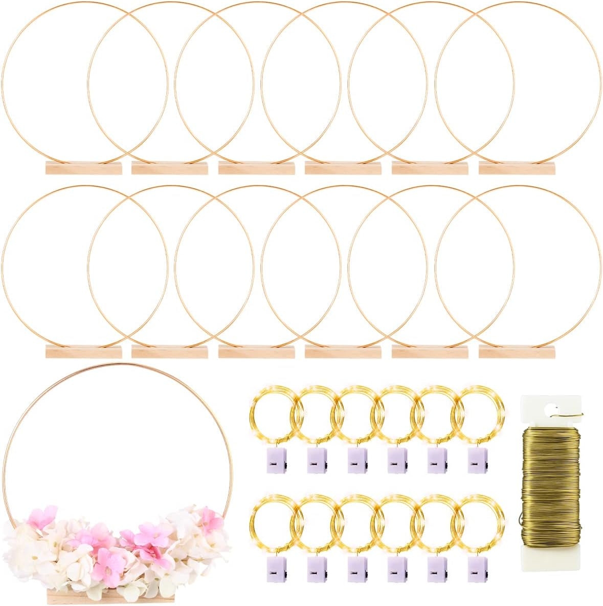 12 Pack Floral Hoop with Holders and LED Fairy Lights 18 Inch Metal Rings for DIY Centerpiece Table Decorations Crafts Macrame Rings Hoop Wreath Dream Catcher Rings Wedding Christmas Wreaths, Silver